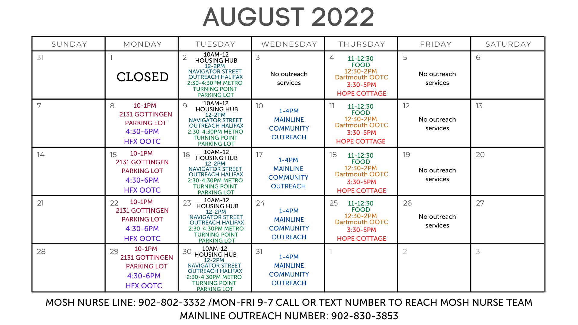 August MOSH Calendar 