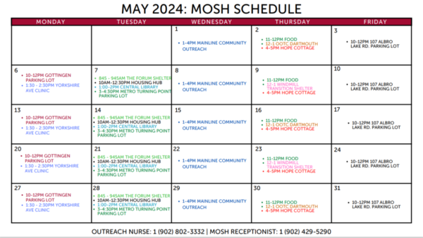 May 2024 MOSH (Mobile Outreach Street Health) schedule showing daily activities including locations and times for clinics, food distribution, and shelter services, with contact information for outreach nurse and receptionist.